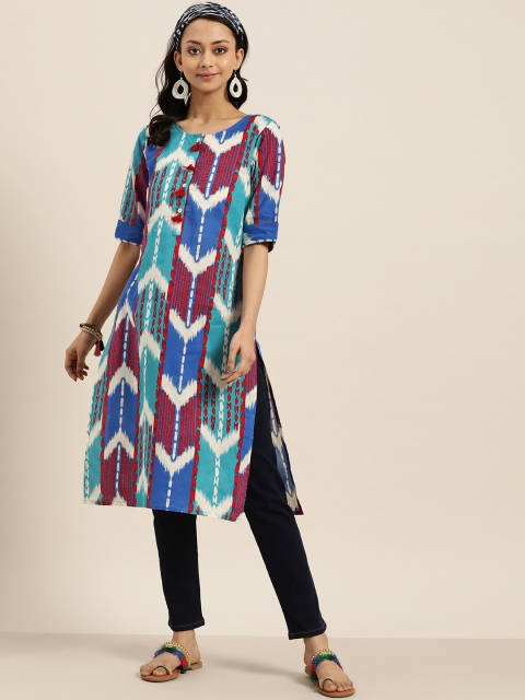 

Sangria Women Blue & White Geometric Printed Pure Cotton Straight Kurta