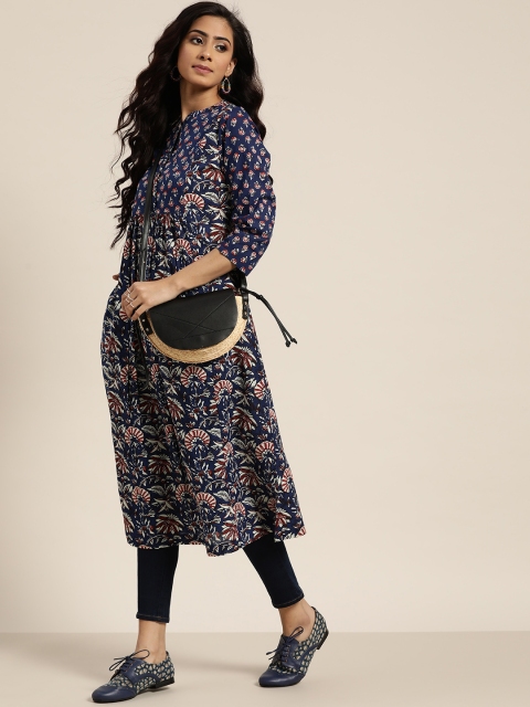 

Sangria Women Navy Blue & White Pure Cotton Printed A-Line Kurta