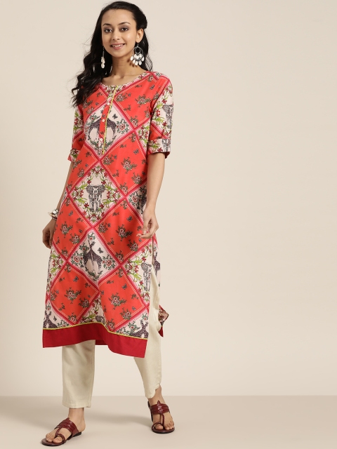 

Sangria Women Orange & White Pure Cotton Printed Straight Kurta