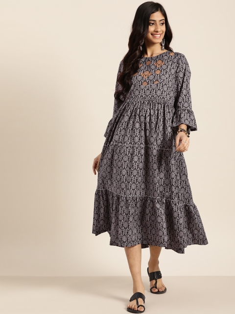 

Sangria Women Black & Grey Printed Cotton Fit and Flare Tiered Dress