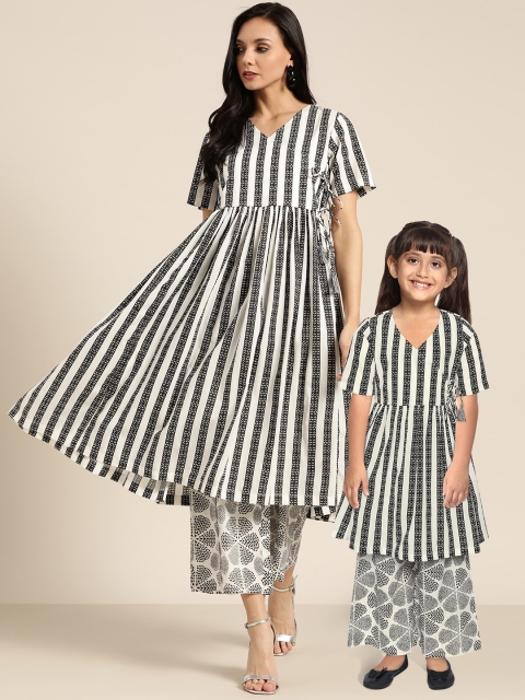 

Sangria Women Black & White Pure Cotton Striped Angrakha A-Line Kurta with Palazzos