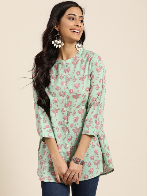 

Sangria Women Sea Green & Pink Regular Fit Pure Cotton Printed Ethnic Shirt