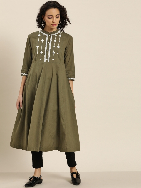 

Sangria Women Olive Green & White Embroidered Pure Cotton A-Line Kurta