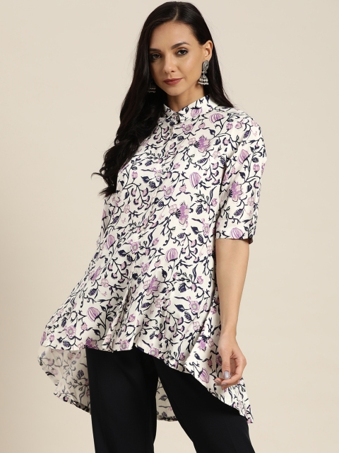 

Sangria Women White & Purple Ethnic Print High-Low Shirt Style Top