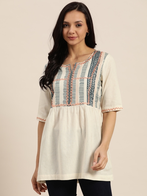

Sangria Women Off-White & Blue Embroidered A-Line Top