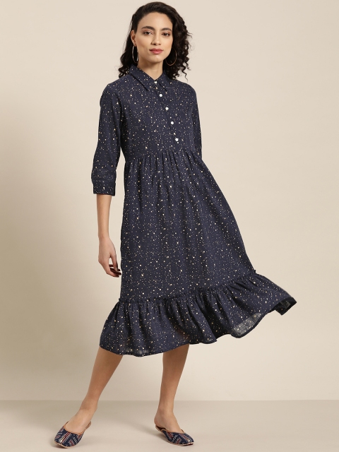 

Sangria Women Navy Blue & Golden Pure Cotton Printed Shirt Dress