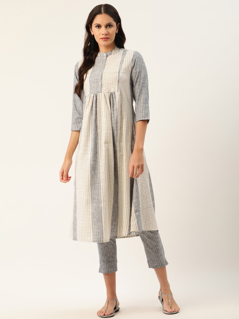 

Sangria Women Off-White & Grey Pure Cotton A-Line Kurta with Trousers