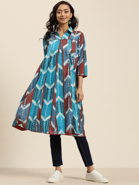 

Sangria Women Teal Blue & Red Printed Pure Cotton A-line Tunic