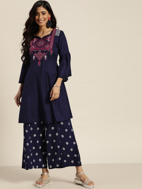 

Sangria Women Navy Blue & Pink Yoke Design Kurta Set