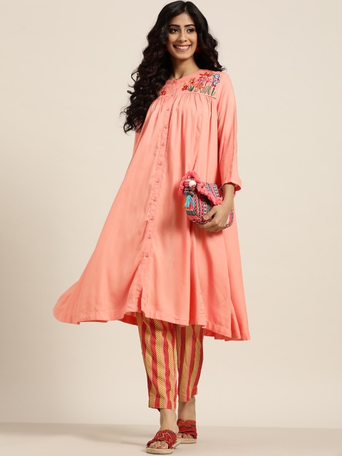 

Sangria Women Coral Pink & Yellow Solid Kurta with Printed Trouser