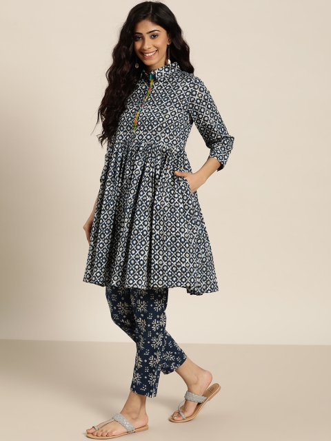 

Sangria Women Blue Printed Pleated Pure Cotton Kurta with Trousers