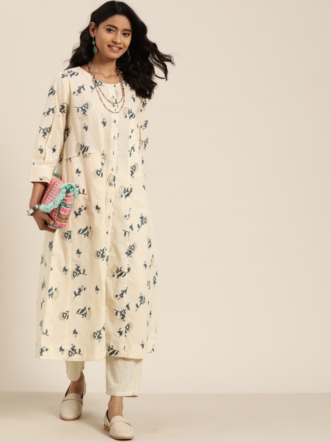 

Sangria Women Cream Coloured & Charcoal Grey Pure Cotton Printed A-Line Kurta