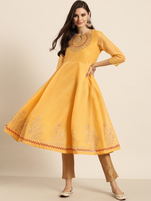 

Sangria Women Yellow Ethnic Motifs Yoke Design Keyhole Neck Thread Work Anarkali Kurta