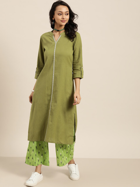 

Sangria Women Olive Green Solid Pure Cotton Straight Kurta