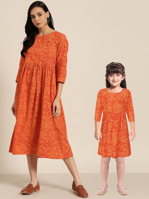 

Sangria Women Orange & Mustard Yellow Printed Pure Cotton A-line Angrakha Dress