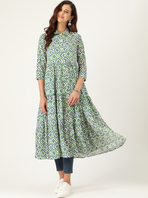 

Sangria Women White & Green Geometric Print Shirt Collar Tiered A-Line Kurta with Gathers