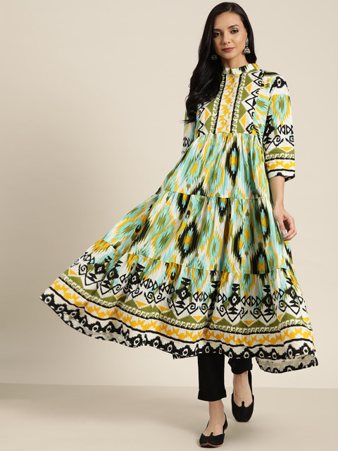 

Sangria Women Green & Yellow Pure Cotton Printed Tiered Anarkali Kurta