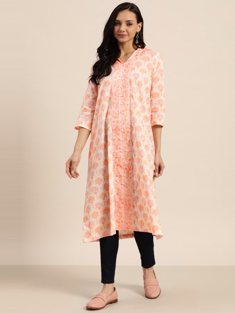 

Sangria Women Peach-Coloured & Off White Ethnic Printed A-Line Kurta