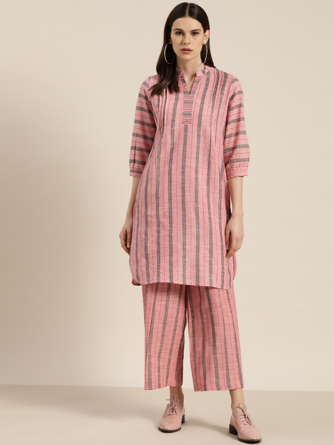 

Sangria Women Pink & Charcoal Grey Pure Cotton Striped Kurta with Palazzos