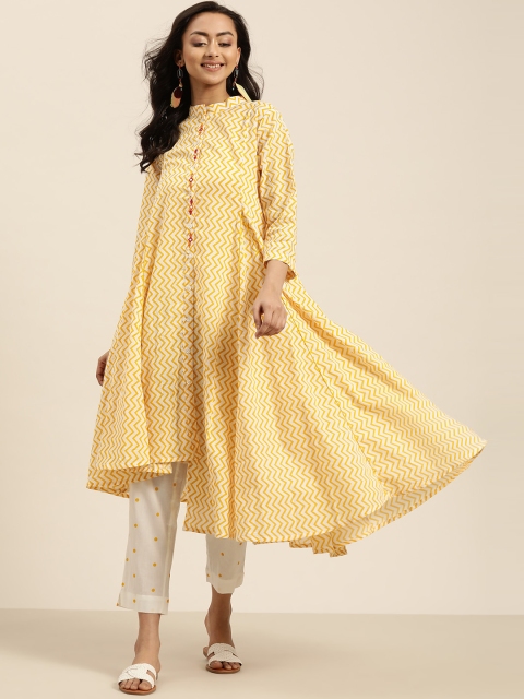 

Sangria Women White & Yellow Chevron Pattern Pure Cotton Asymmetric Kurta with Trousers