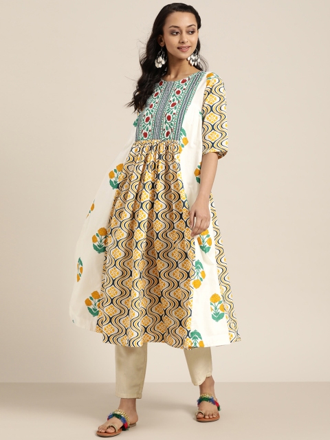

Sangria Women White & Mustard Yellow Pure Cotton Printed A-Line Kurta