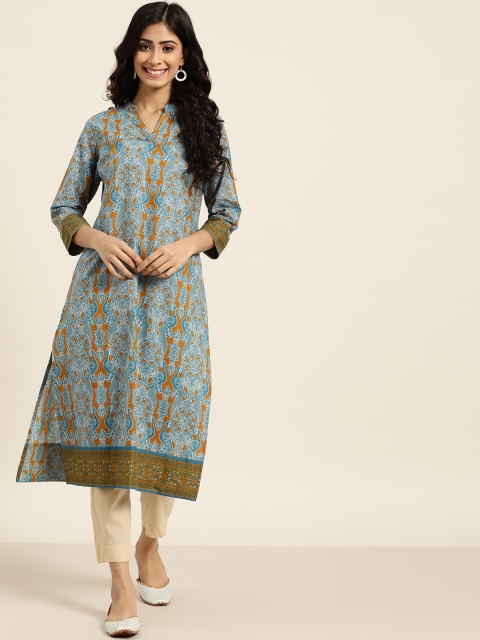 

Sangria Women Blue & Mustard Yellow Ethnic Motifs Printed Kurta