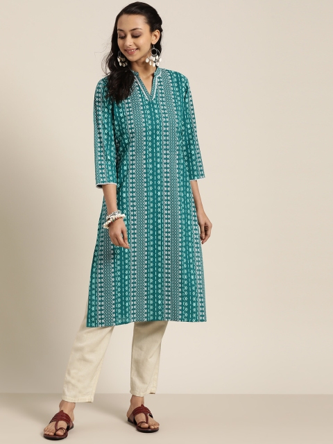 

Sangria Women Green & White Pure Cotton Printed Straight Kurta