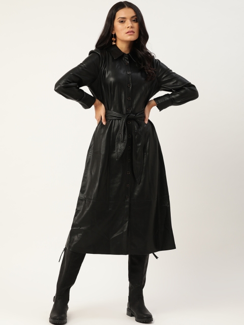 

MANGO Black Solid Midi Faux Leather Shirt Style Dress
