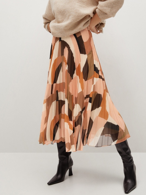 

MANGO Women Peach-coloured & Black Accordion Pleated Abstract Print A-line Midi Skirt
