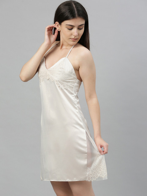 

urban undress Off-White Solid Nightdress with Halter Neck