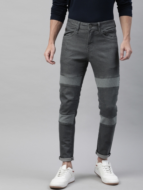 

WROGN Men Charcoal Grey Carrot Slim Fit Mid-Rise Clean Look Biker Jeans