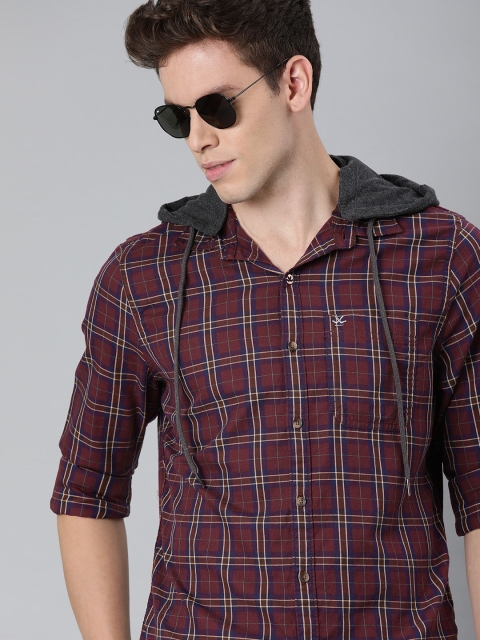 

WROGN Men Burgundy & Navy Blue Slim Fit Checked Hooded Casual Shirt