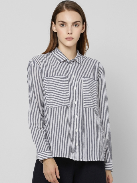 

Vero Moda Women White & Navy Blue Regular Fit Striped Casual Shirt