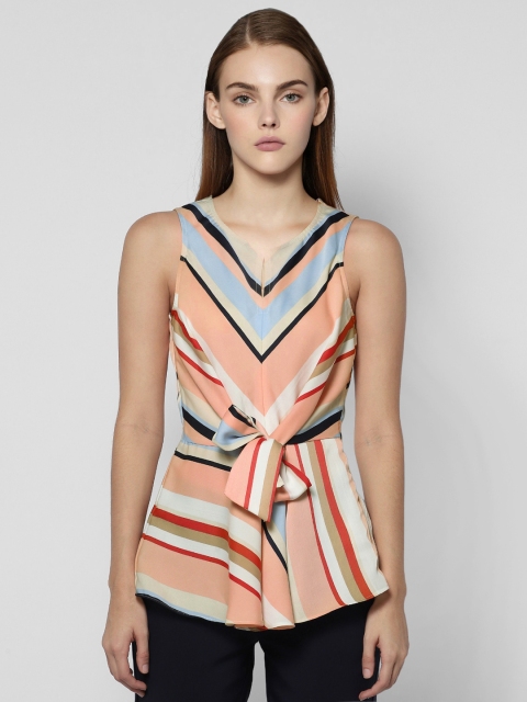 

Vero Moda Women Peach-Coloured & Blue Striped Cinched Waist Top