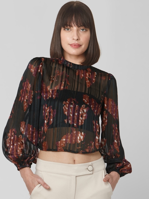 

Vero Moda Women Black & Orange Printed Sheer Cropped Top