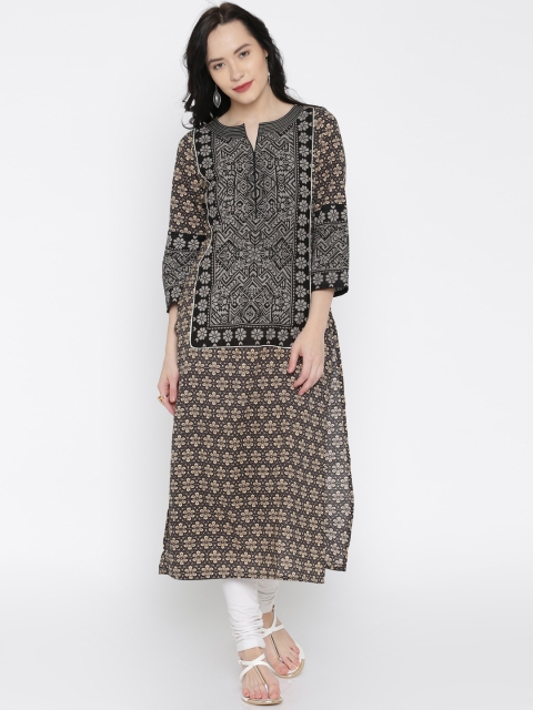

Vishudh Black & Beige Floral Print Kurta