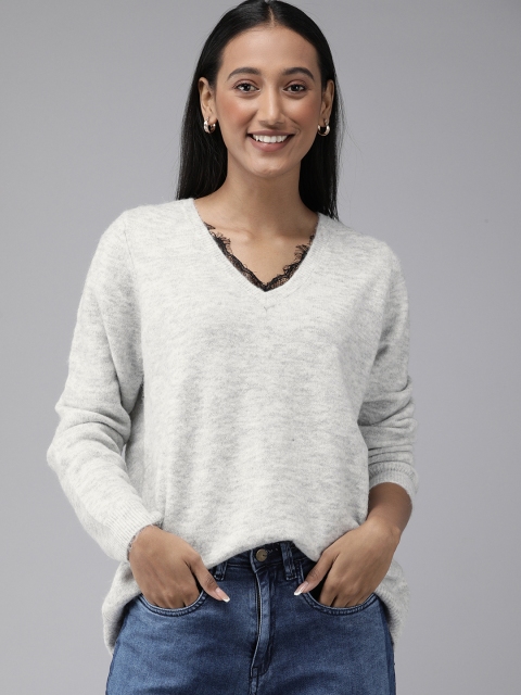 

Vero Moda Women Grey Melange Solid Pullover Sweater with Lace Detailing