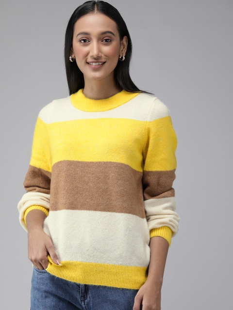 

Vero Moda Women Yellow & Brown Striped Pullover Sweater