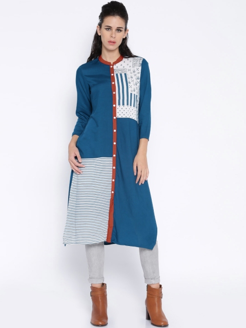 

Vishudh Women Teal Blue & White Printed Straight Kurta