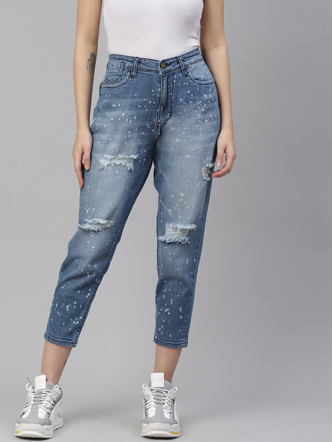 

Kook N Keech Women Blue Boyfriend Fit Highly Distressed Light Fade Speckled Cotton Jeans