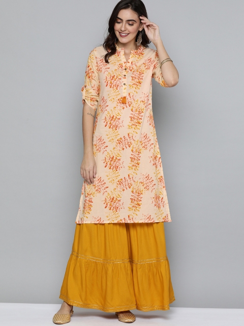 

HERE&NOW Women Cream-Coloured & Red Printed Straight Kurta