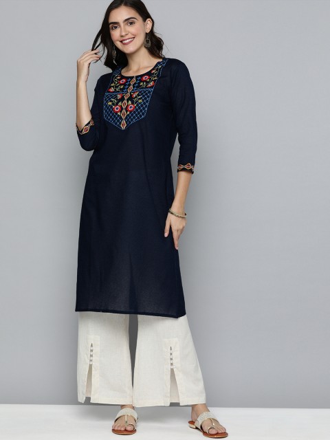 

HERE&NOW Women Navy Blue Embroidered Straight Kurta