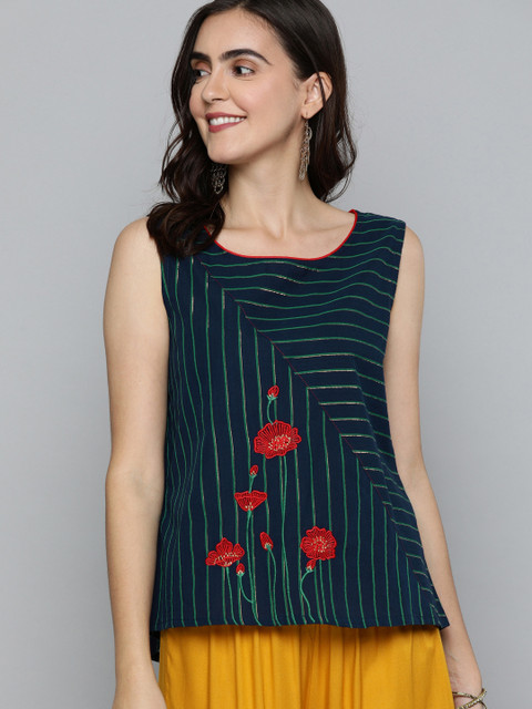 

HERE&NOW Women Teal & Red Embroidered A-Line Kurta