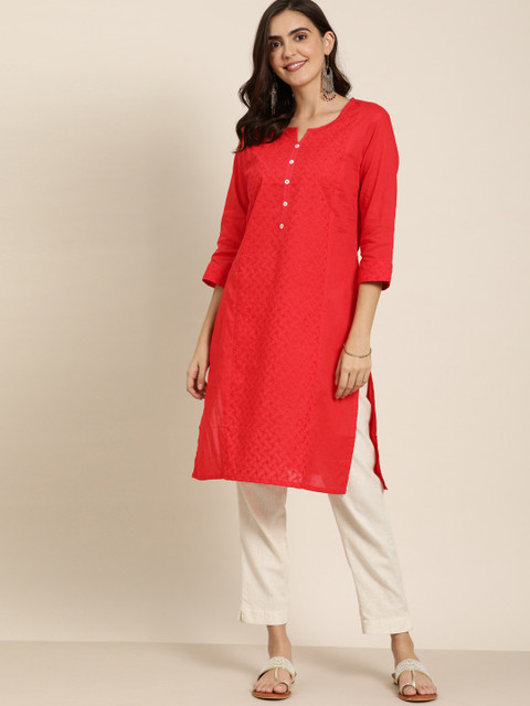 

Moda Rapido Women Coral Red Embroidered Straight Kurta
