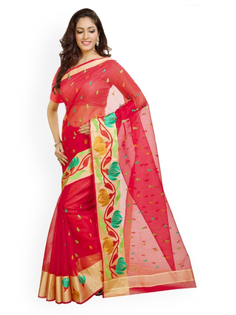 

Rajnandini Red Embroidered Banarasi Cotton Traditional Saree