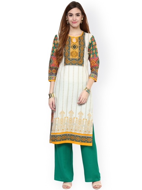 

Jaipur Kurti Off-White & Green Printed Kurta with Palazzo Trousers