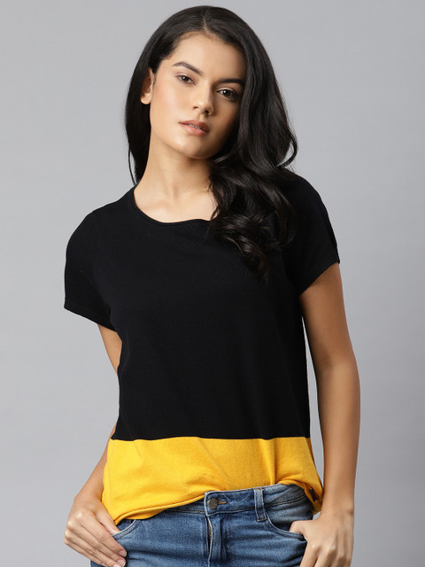 

The Roadster Lifestyle Co Women Black & Yellow Colourblocked T-shirt