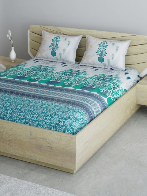 

Aura Grey & Sea Green Ethnic Motifs 210 TC 120 GSM Cotton King Bedsheet & Pillow Covers