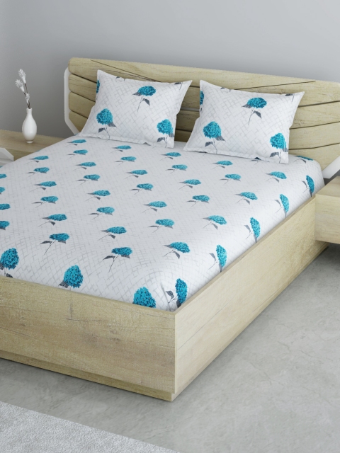 

Aura White & Turquoise Blue Floral 120 TC 130 GSM Cotton King Bedsheet with Pillow Covers