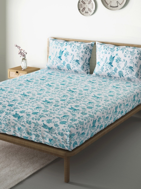

Aura Turquoise Blue Ethnic Floral 120 TC 130 GSM Cotton King Bedsheet with 2 Pillow Covers